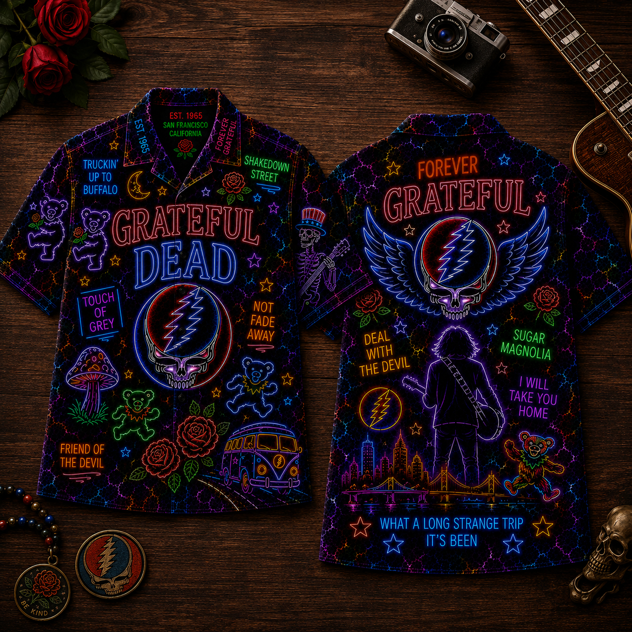 Grateful Dead Hawaiian Shirt - Unisex Neon Steal Your Face Dancing Bears Button Up