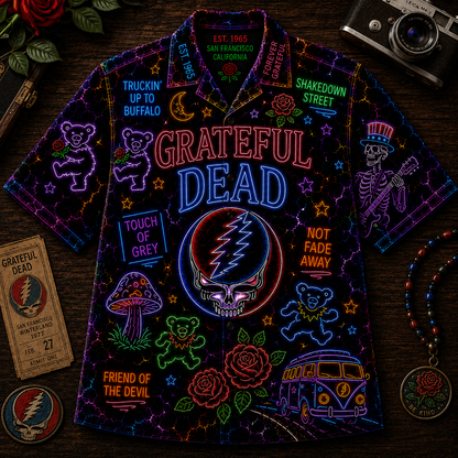 Grateful Dead Hawaiian Shirt - Unisex Neon Steal Your Face Dancing Bears Button Up