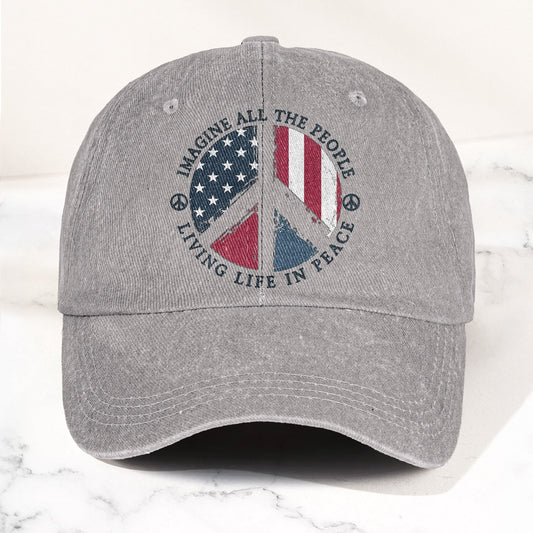 John Lennon Imagine All The People Living Life In Peace Sign American Flag Denim Cap – Retro Vintage Dad Cap Gift For Dad (With Box)