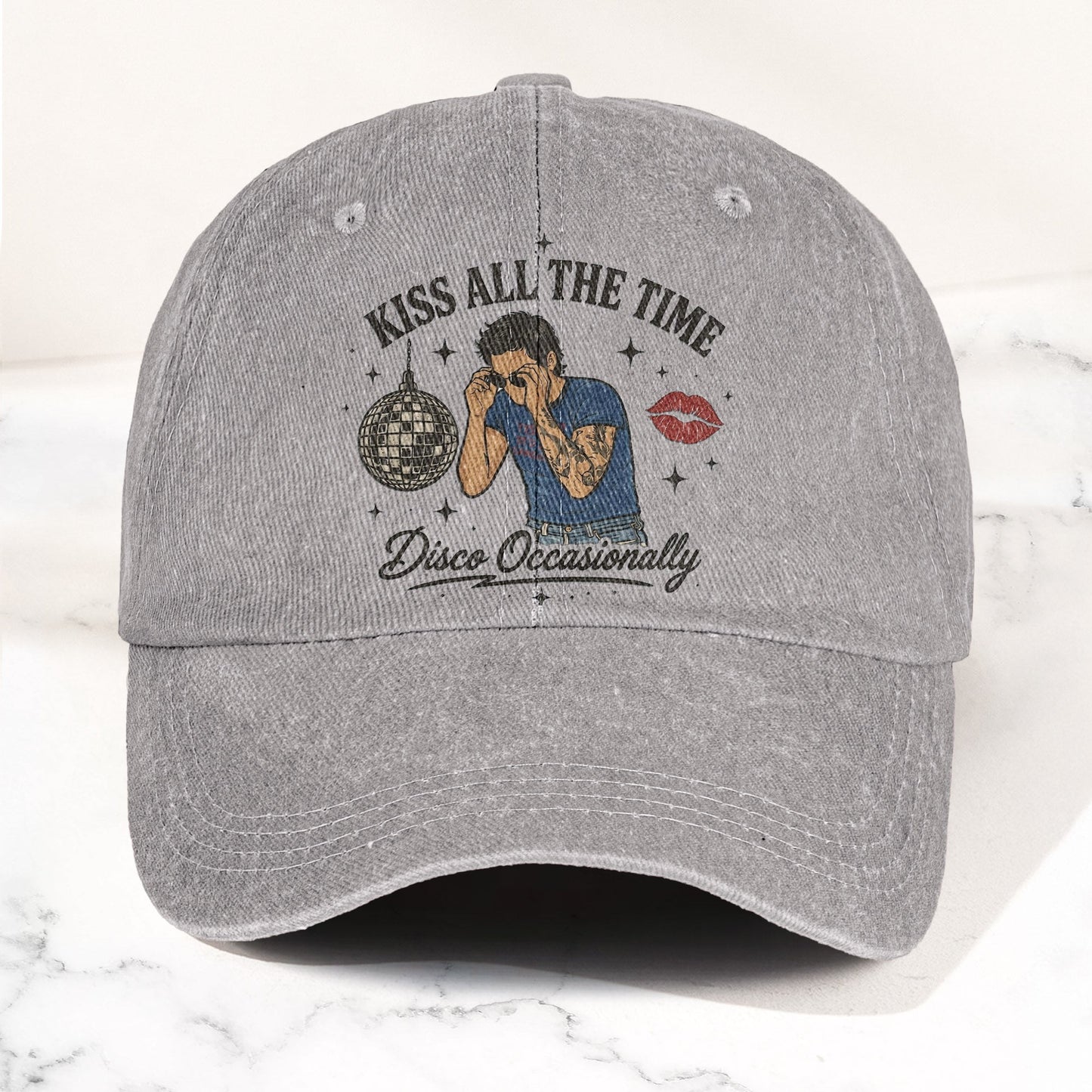 Kiss All The Time Disco Harry Styles Illustration Denim Cap – Retro Vintage Dad Cap Gift For Dad (With Box)