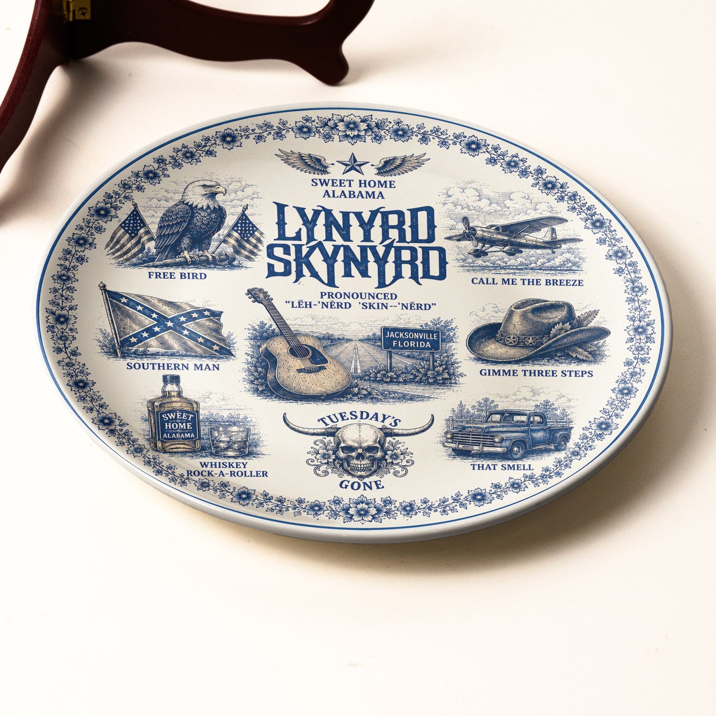 Lynyrd Skynyrd Decorative Ceramic Plate with Stand – Blue & White Southern Rock Art Gift