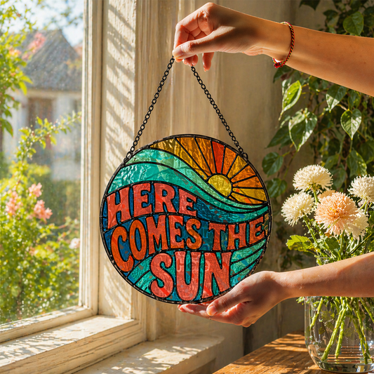 Here Comes the Sun Stained Glass Suncatcher – Vintage Retro Sunshine Window Decor