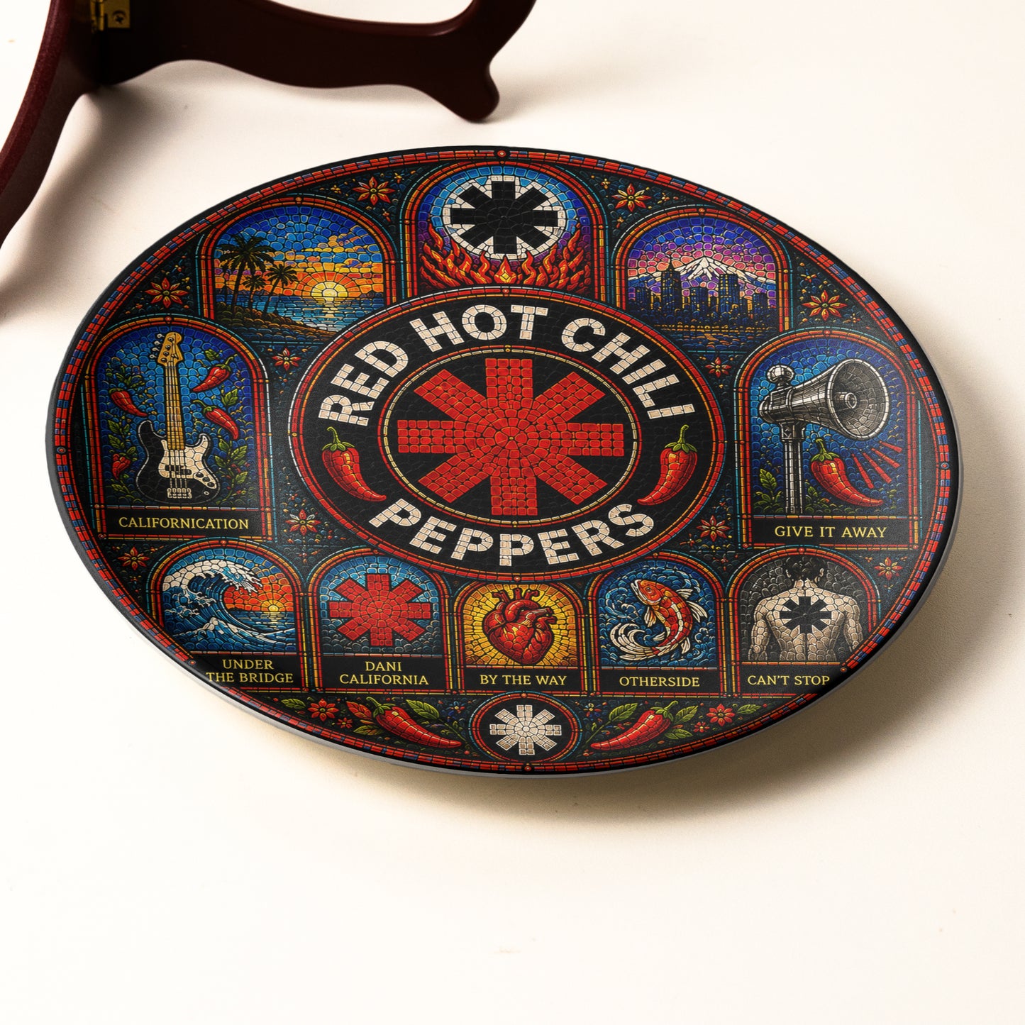 Red Hot Chili Peppers Decorative Ceramic Plate with Stand – Stained Glass Rock Art Gift