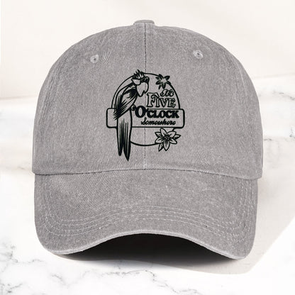 It’s Five O’Clock Somewhere Denim Dad Cap – Tropical Parrot Island Vibes Hat (With BOX)