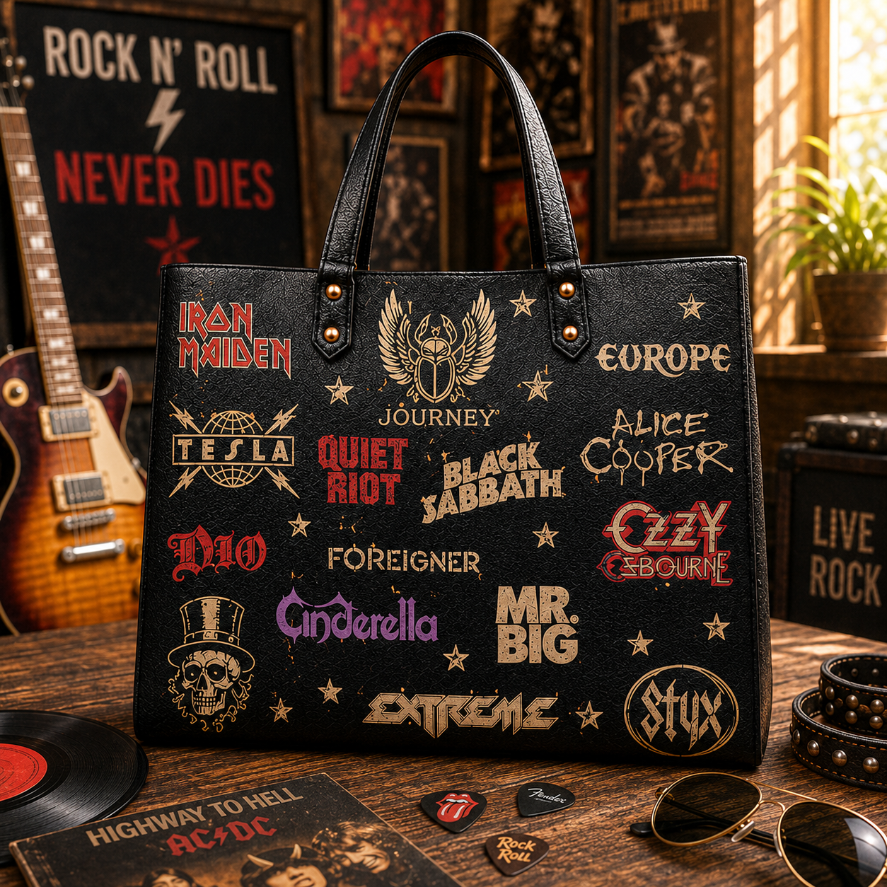 Classic Rock Legends Faux Leather Handbag – Vintage Rock Band Shoulder Tote Bag for Music Lovers