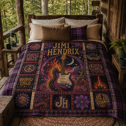 Jimi Hendrix Quilt Blanket – Vintage Guitar Patchwork Sherpa Throw, Purple Haze Music Bedding, Rock Fan Gift, Cozy Bed Blanket