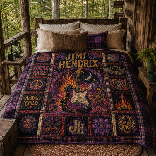 Jimi Hendrix Quilt Blanket – Vintage Guitar Patchwork Sherpa Throw, Purple Haze Music Bedding, Rock Fan Gift, Cozy Bed Blanket