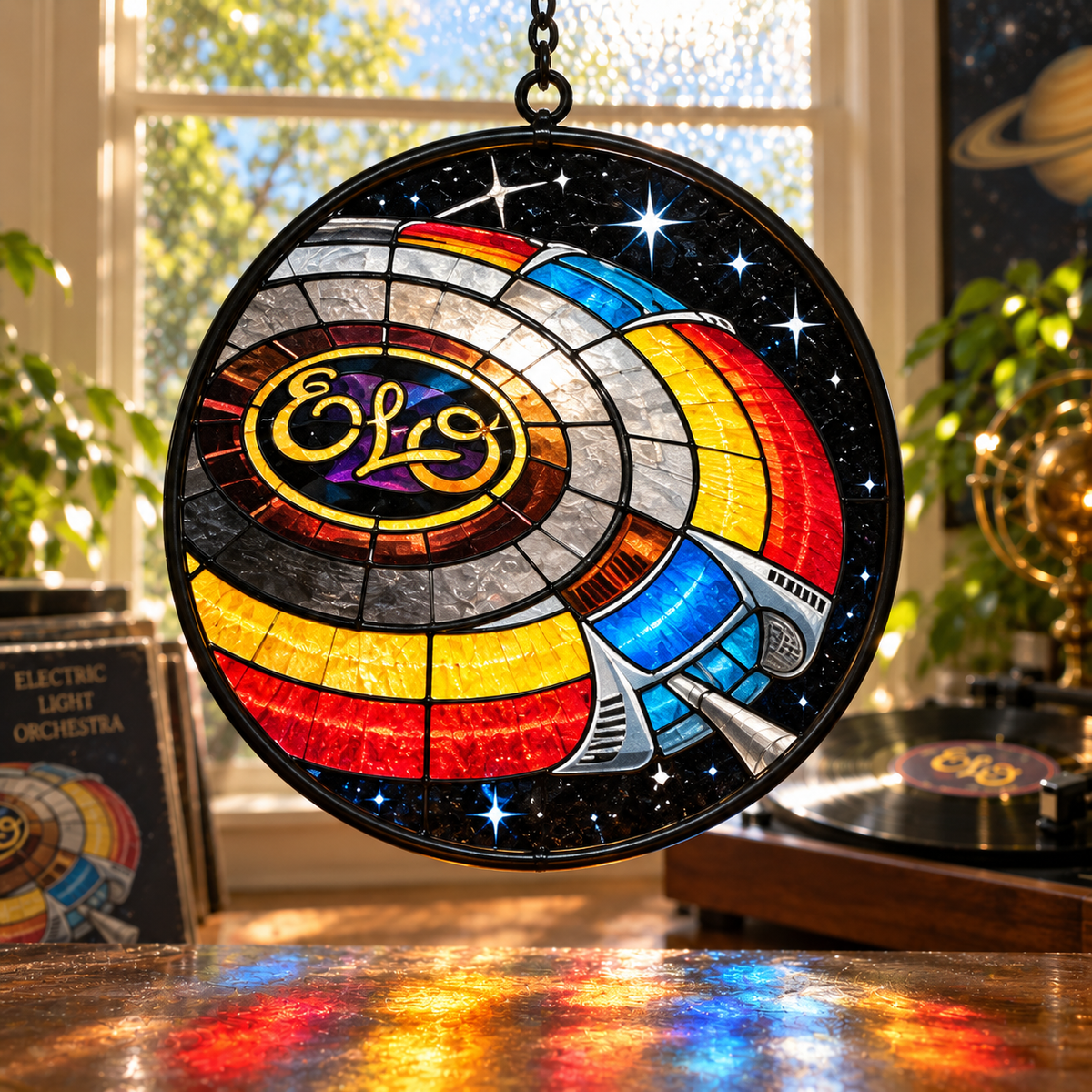 Electric Light Orchestra Suncatcher Set, 12 Stained Glass Album Window Hangings, ELO Classic Rock Music Gift