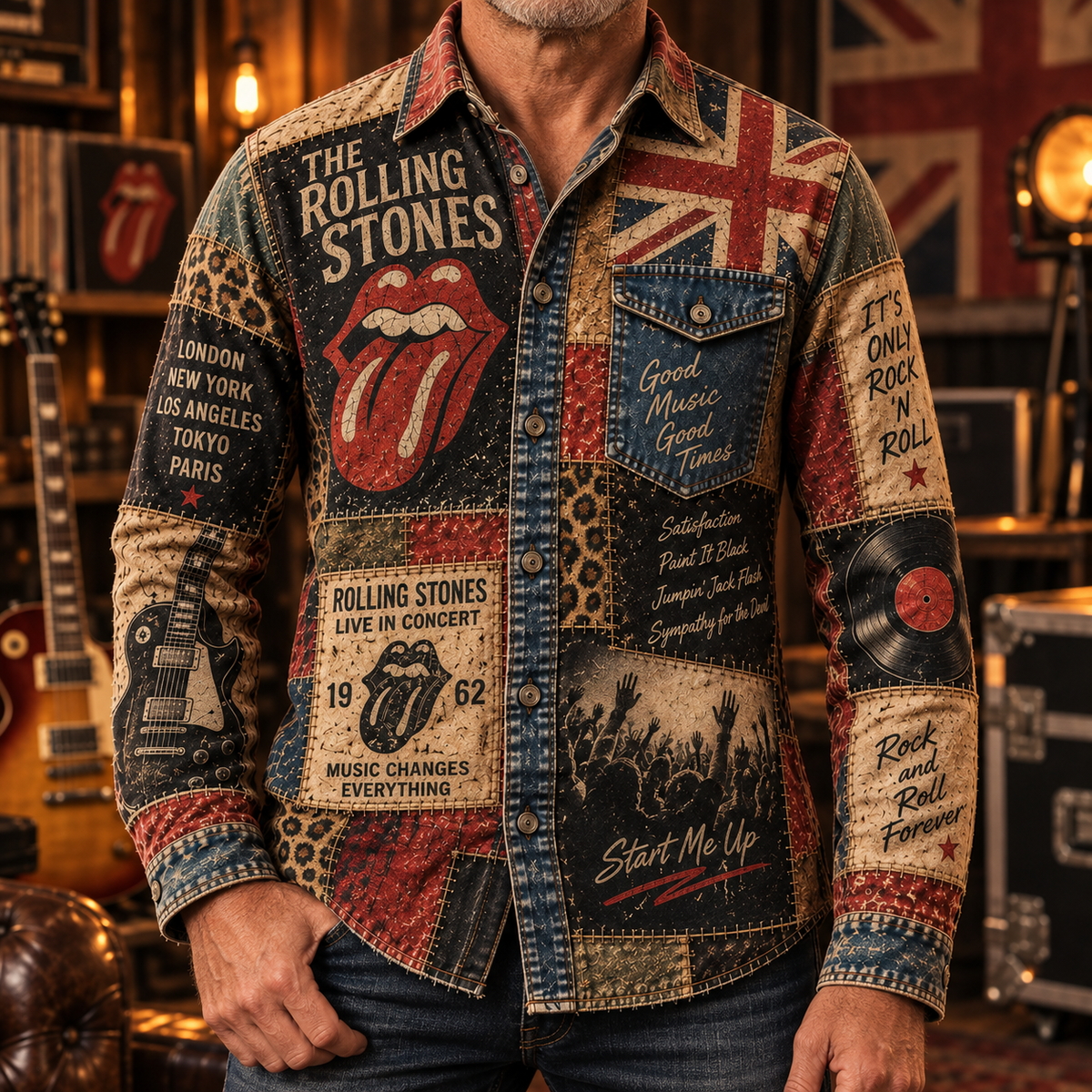 The Rolling Stones Patchwork Long Sleeve Shirt – Tongue Logo, Union Jack & Vintage Rock Collage Button Up, 1962 Classic Rock Fan Gift