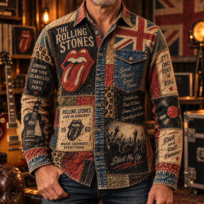 The Rolling Stones Patchwork Long Sleeve Shirt – Tongue Logo, Union Jack & Vintage Rock Collage Button Up, 1962 Classic Rock Fan Gift