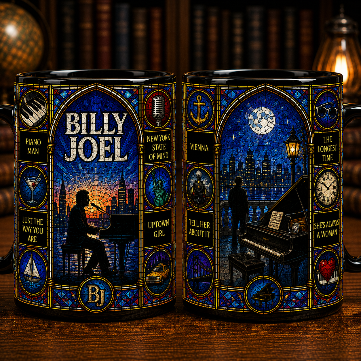 Billy Joel Stained Glass Black Mug – Piano Man Ceramic Coffee Mug, Classic Rock Music Gift, Billy Joel Fan Mug