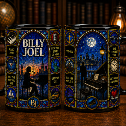 Billy Joel Stained Glass Black Mug – Piano Man Ceramic Coffee Mug, Classic Rock Music Gift, Billy Joel Fan Mug
