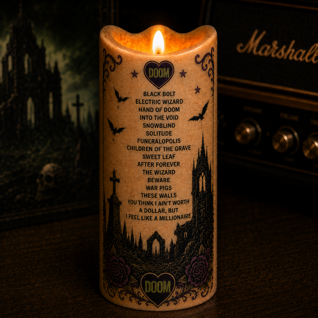 DOOM Flameless LED Candle, Doom Metal Music Candle, Gothic Rock Fan Gift, Battery Operated LED Home Decor