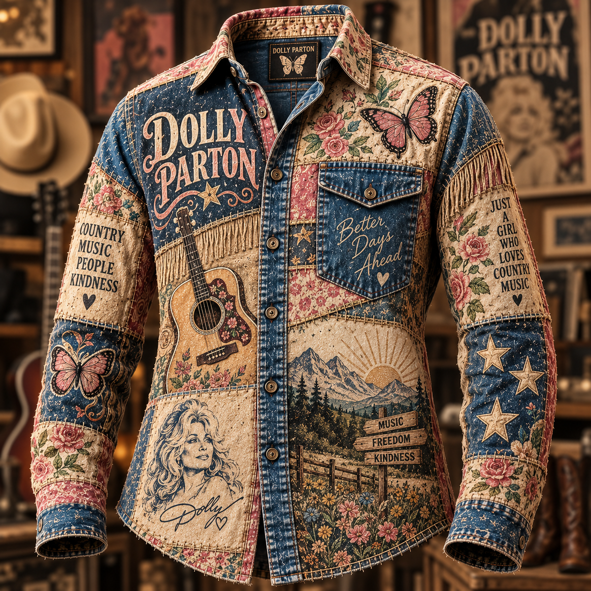 Dolly Parton Patchwork Long Sleeve Shirt – Country Music, Butterfly & Floral Vintage Button Up, Western Americana Dolly Fan Gift