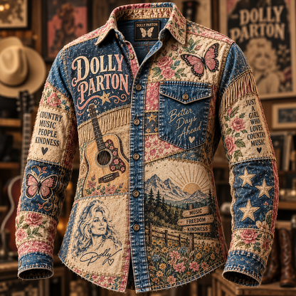 Dolly Parton Patchwork Long Sleeve Shirt – Country Music, Butterfly & Floral Vintage Button Up, Western Americana Dolly Fan Gift