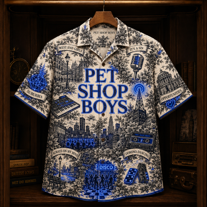 Pet Shop Boys Hawaiian Shirt - Synth Pop Band Button Up Shirt with West End Girls, It’s a Sin and Domino Dancing Art