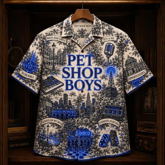 Pet Shop Boys Hawaiian Shirt - Synth Pop Band Button Up Shirt with West End Girls, It’s a Sin and Domino Dancing Art