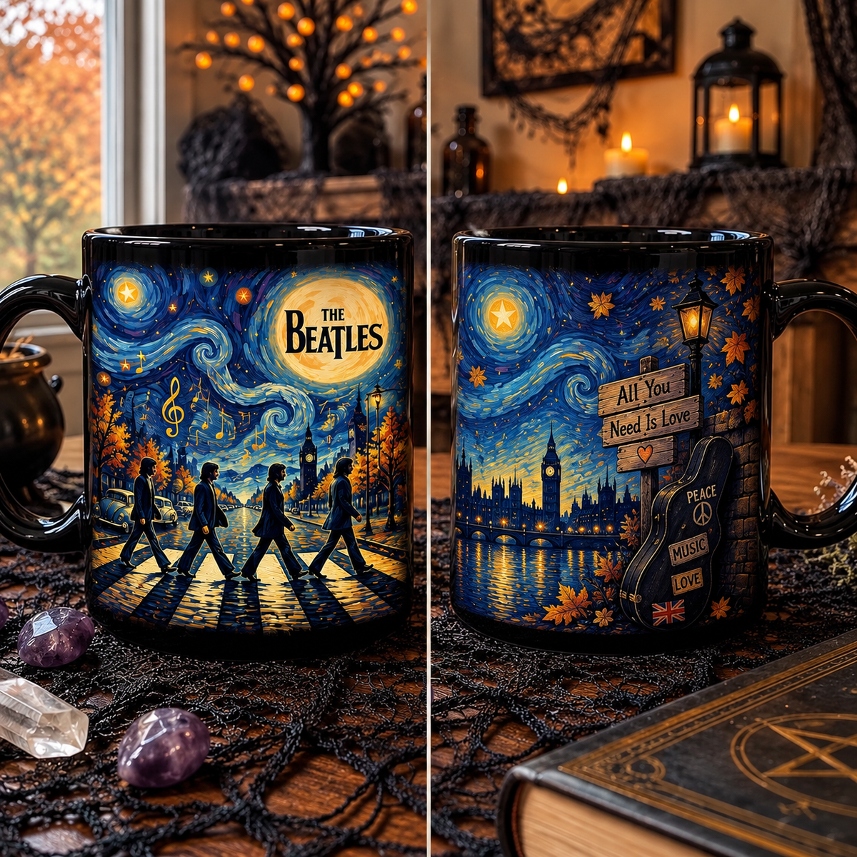 The Beatles Van Gogh Art Mug – Starry Night Abbey Road Ceramic Mug, All You Need Is Love Beatles Cup, Classic Rock Art Gift