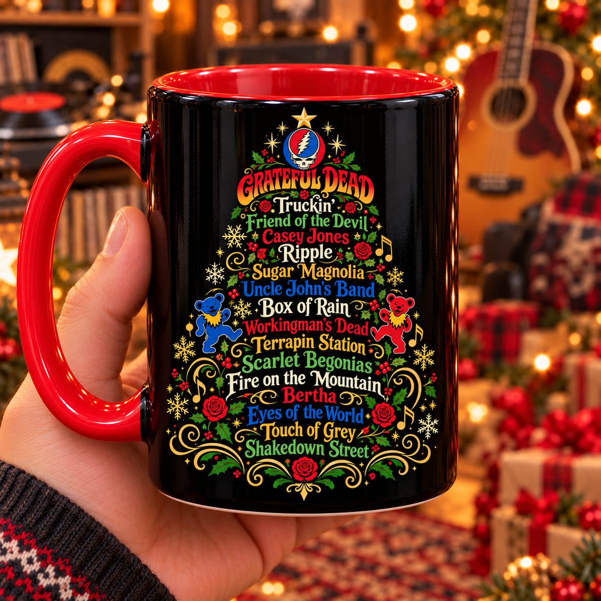 Grateful Dead Christmas Tree Mug, Deadhead Holiday Coffee Cup, Dancing Bears Christmas Gift, Classic Rock Music Mug, Grateful Dead Fan Gift
