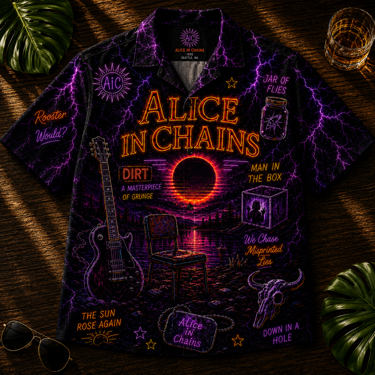 Alice in Chains Hawaiian Shirt - Unisex Neon Light Barb-Wired Heart Button Up