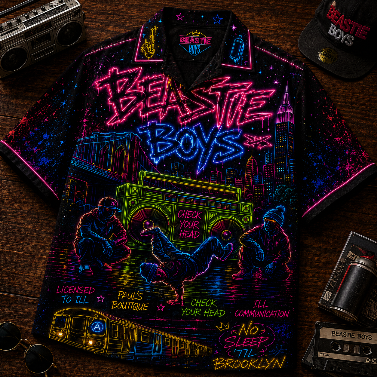 Beastie Boys Hawaiian Shirt - Unisex Neon Light Boombox Subway Button Up
