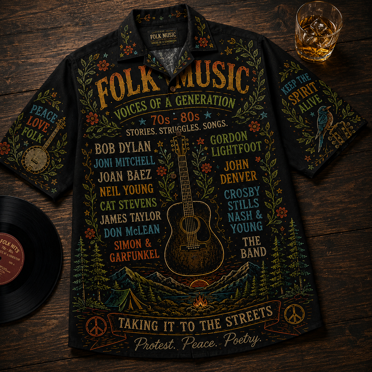 Folk Music Hawaiian Shirt - Unisex Chalkboard Acoustic Guitar Campfire Button Up