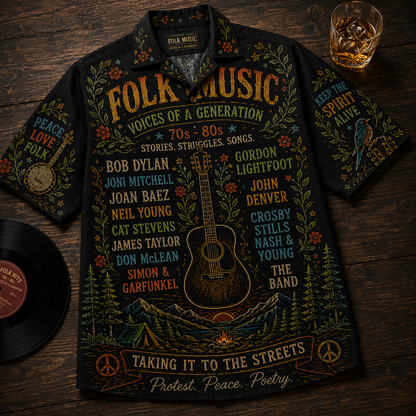 Folk Music Hawaiian Shirt - Unisex Chalkboard Acoustic Guitar Campfire Button Up