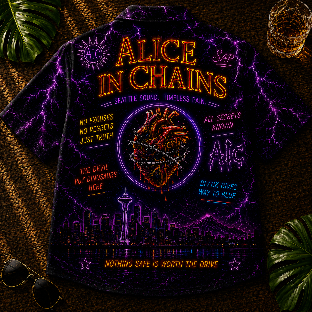 Alice in Chains Hawaiian Shirt - Unisex Neon Light Barb-Wired Heart Button Up