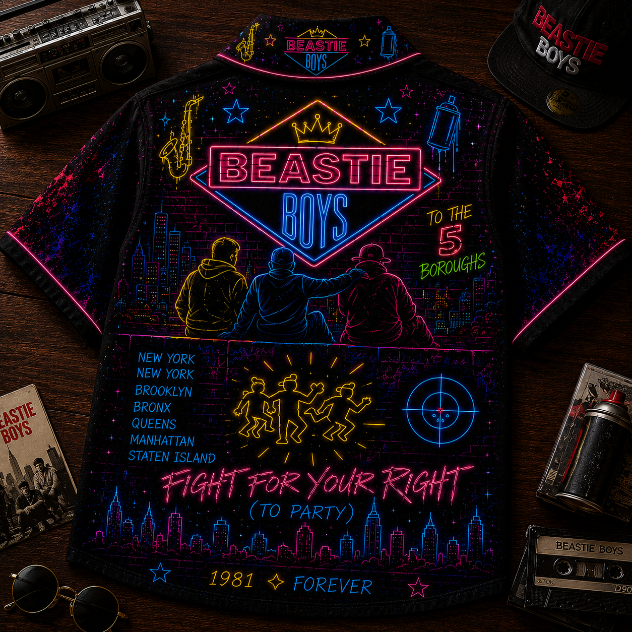Beastie Boys Hawaiian Shirt - Unisex Neon Light Boombox Subway Button Up