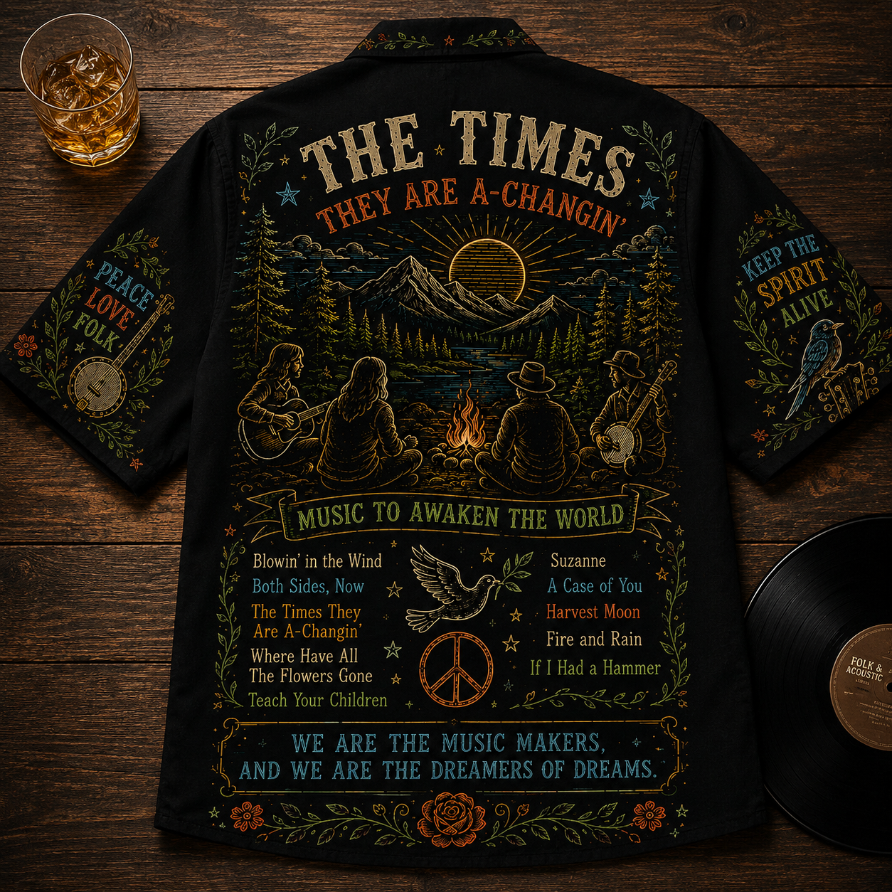 Folk Music Hawaiian Shirt - Unisex Chalkboard Acoustic Guitar Campfire Button Up