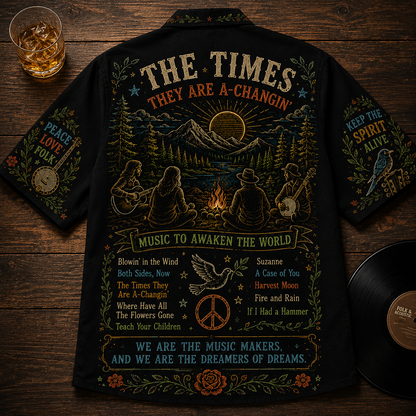 Folk Music Hawaiian Shirt - Unisex Chalkboard Acoustic Guitar Campfire Button Up
