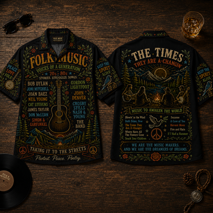 Folk Music Hawaiian Shirt - Unisex Chalkboard Acoustic Guitar Campfire Button Up