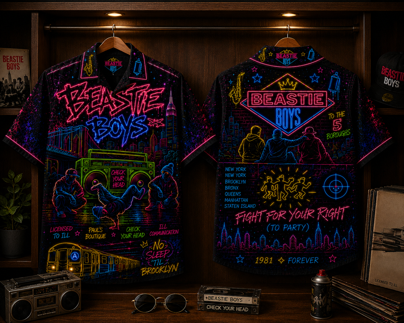 Beastie Boys Hawaiian Shirt - Unisex Neon Light Boombox Subway Button Up