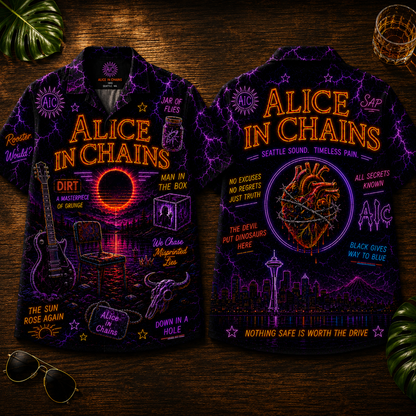 Alice in Chains Hawaiian Shirt - Unisex Neon Light Barb-Wired Heart Button Up