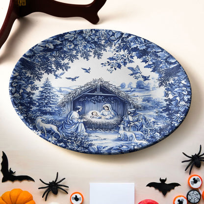 Christmas Nativity Collectible Ceramic Plate – Blue Winter Design