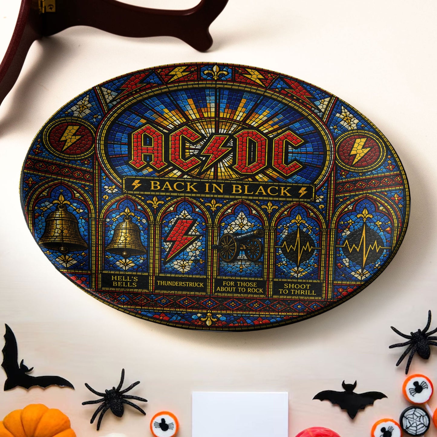 AC/DC Stained Glass Decorative Ceramic Plate – Back in Black Inspired Music Collector Plate, Rock Band Wall Art Gift for Fans