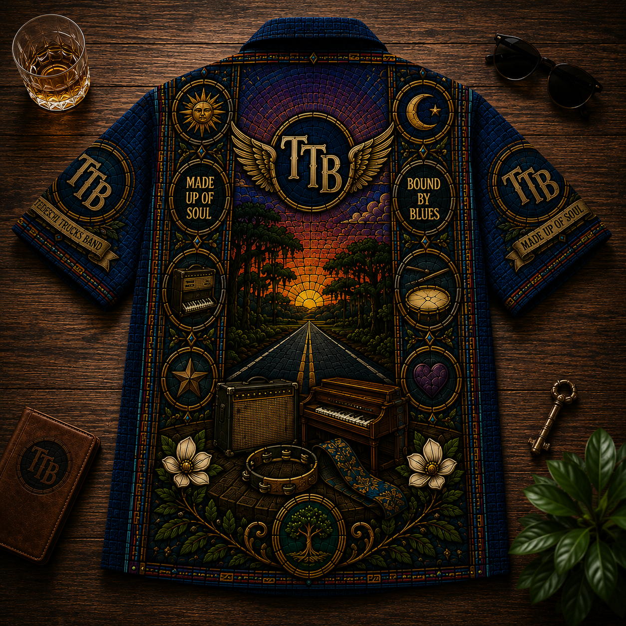 Tedeschi Trucks Band Stained Glass Hawaiian Shirt - Unisex Winged TTB Logo Button Up