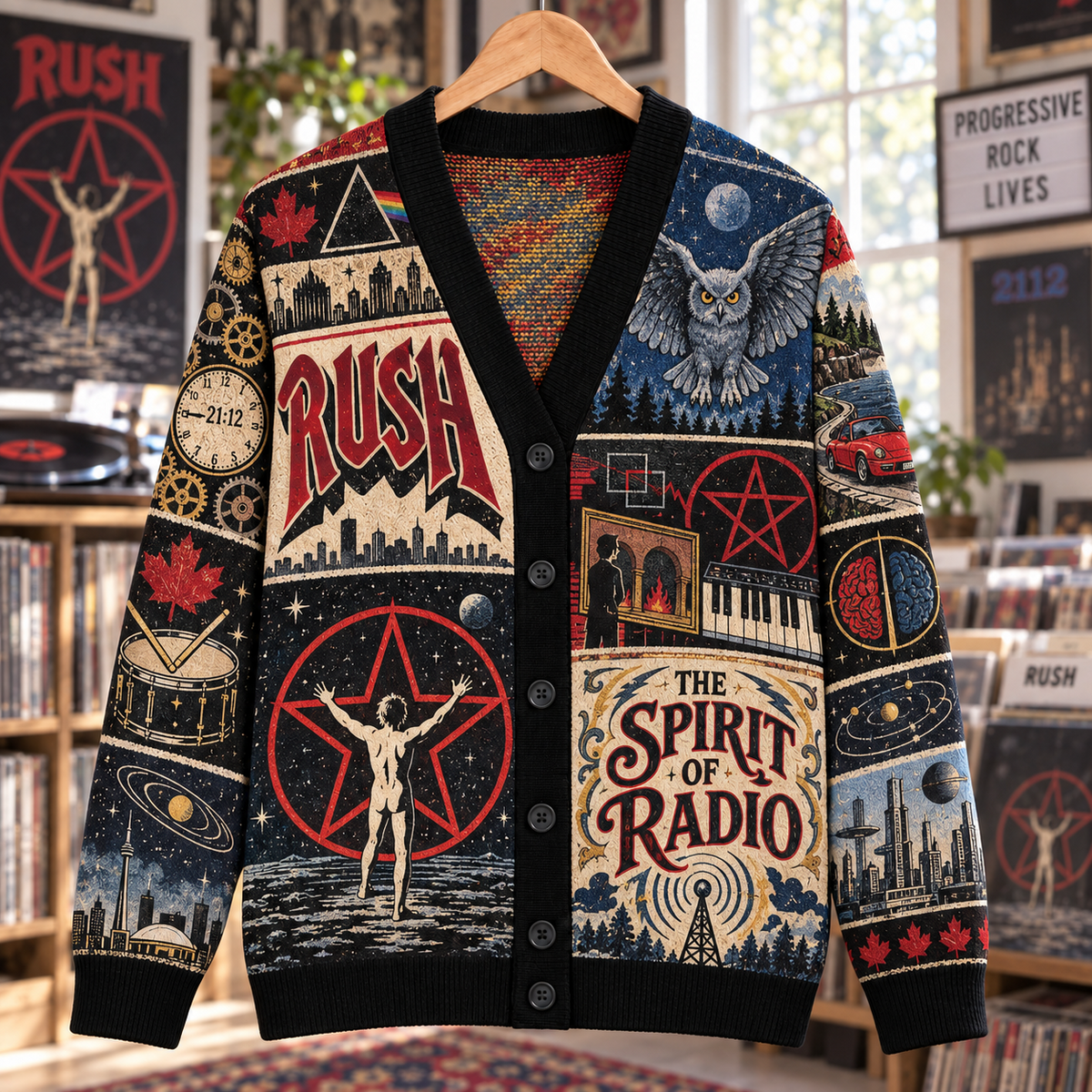 Rush Wool Cardigan, 2112 Spirit of Radio Patchwork Knit Sweater, Vintage Progressive Rock Band Gift
