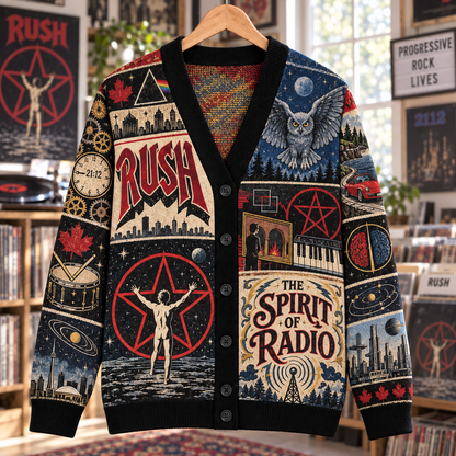 Rush Wool Cardigan, 2112 Spirit of Radio Patchwork Knit Sweater, Vintage Progressive Rock Band Gift