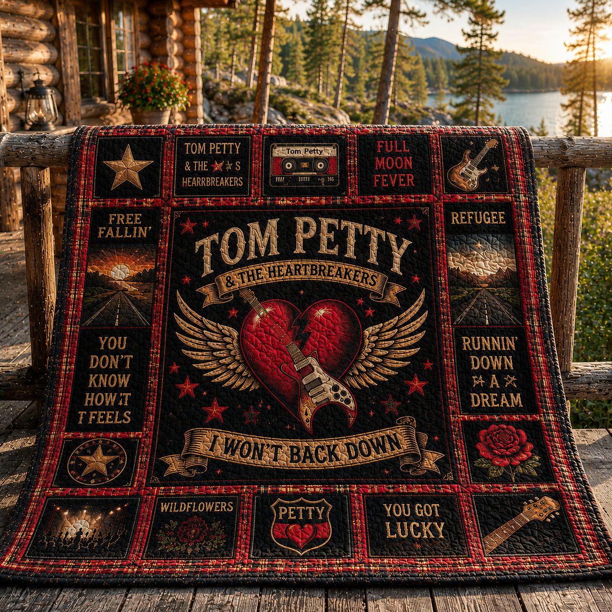 Tom Petty & The Heartbreakers Quilt Blanket – Vintage Sherpa Throw, Classic Rock Patchwork Blanket, Music Fan Gift