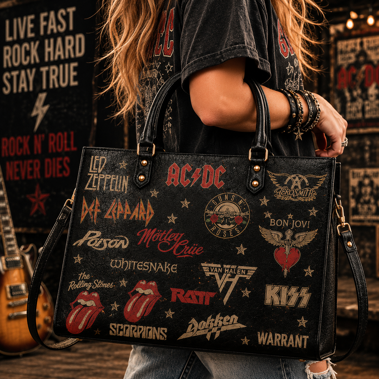 Classic Rock Legends Faux Leather Handbag – Vintage Rock Band Shoulder Tote Bag for Music Lovers