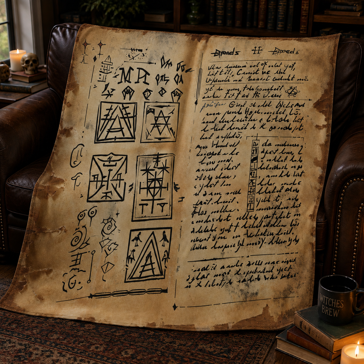 Runic Magic Text Sherpa, Occult Grimoire Throw Blanket, HP Lovecraft Cosmic Horror Bedding