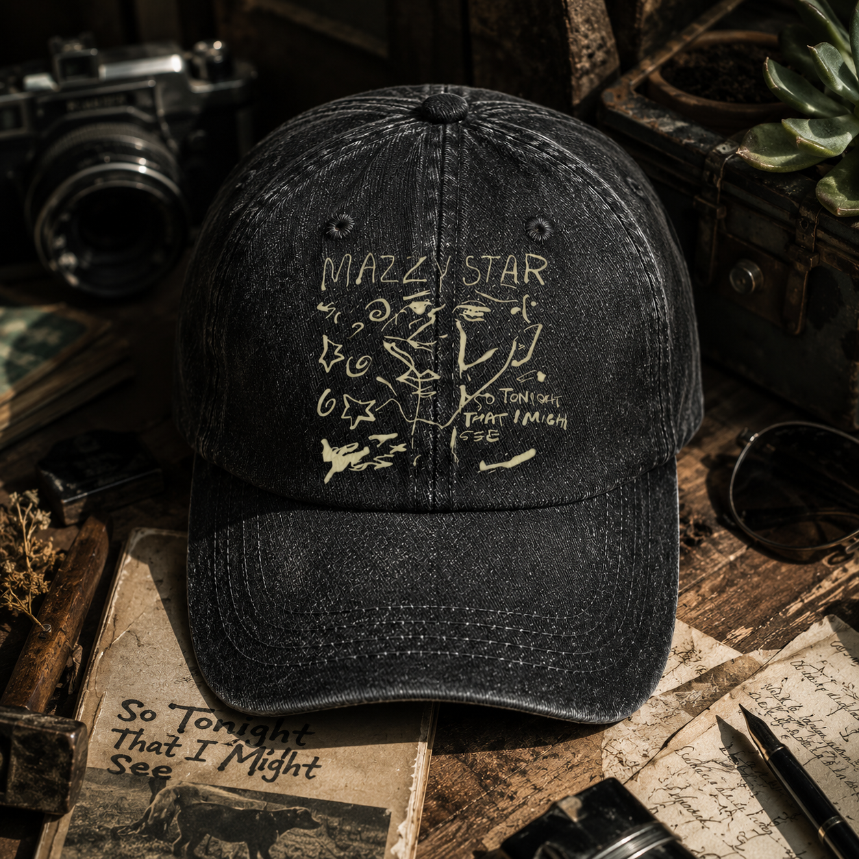Mazzy Star Vintage Sketch Cap – Washed Black Denim Dad Hat, Dream Pop Band Aesthetic Hat Gift (With Box)