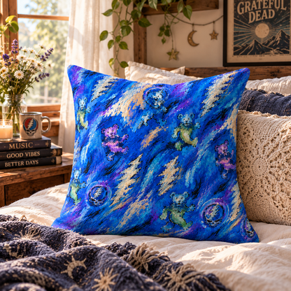 Grateful Dead Dancing Bears Throw Pillow – Steal Your Face Cosmic Blue Oil Painting Cushion