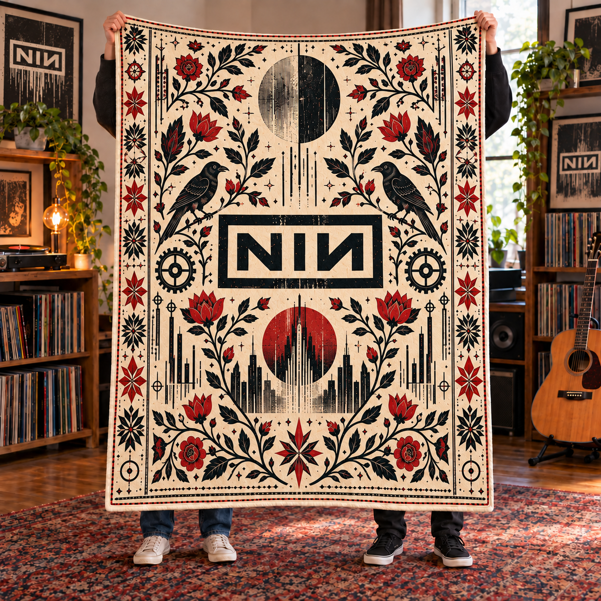 Nine Inch Nails Sherpa Blanket – NIN Industrial Rock Fleece Throw, Gothic Raven & Rose Music Decor, Gift for Alternative Rock Fans