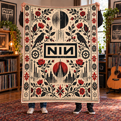 Nine Inch Nails Sherpa Blanket – NIN Industrial Rock Fleece Throw, Gothic Raven & Rose Music Decor, Gift for Alternative Rock Fans