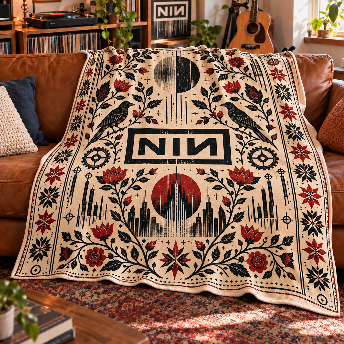 Nine Inch Nails Sherpa Blanket – NIN Industrial Rock Fleece Throw, Gothic Raven & Rose Music Decor, Gift for Alternative Rock Fans