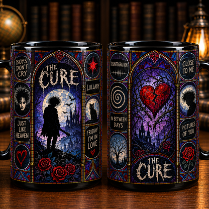 The Cure Stained Glass Black Mug – Gothic Rock Coffee Mug, Robert Smith Inspired Ceramic Mug, Alternative Music Fan Gift