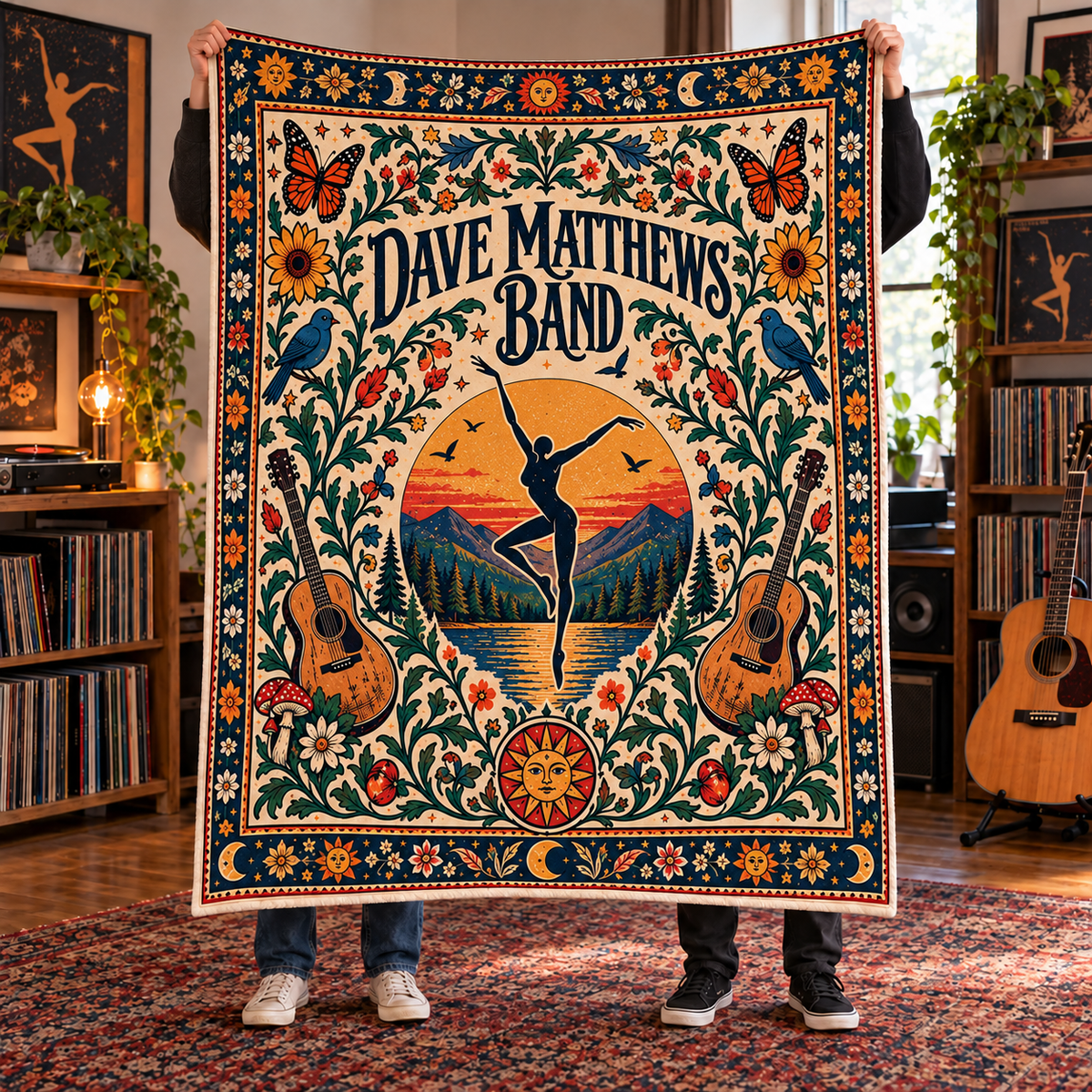 Dave Matthews Band Sherpa Blanket – Boho Folk Rock Fleece Throw, Dancing Figure & Guitar Music Decor, Gift for DMB Fans