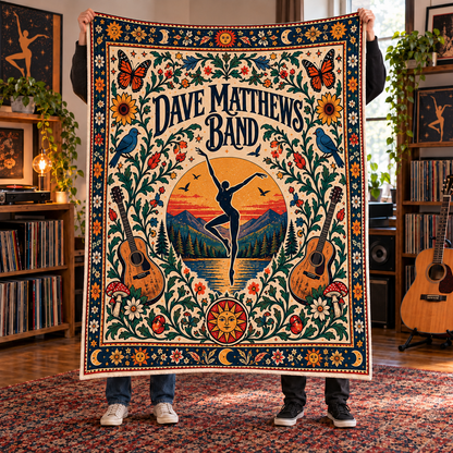 Dave Matthews Band Sherpa Blanket – Boho Folk Rock Fleece Throw, Dancing Figure & Guitar Music Decor, Gift for DMB Fans